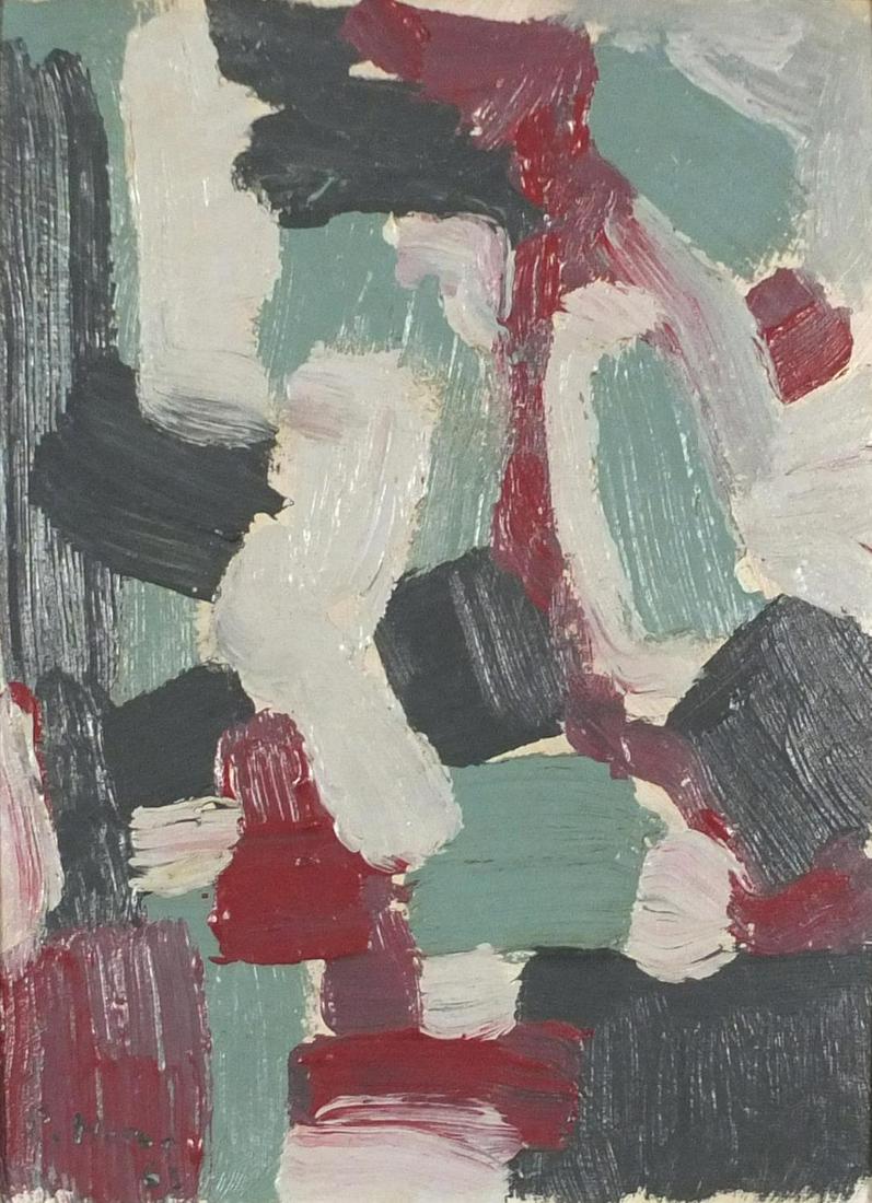 Manner of Patrick Heron - Abstract composition, oil on: Manner of Patrick Heron - Abstract composition, oil on board, mounted and framed, 34cm x 25cm