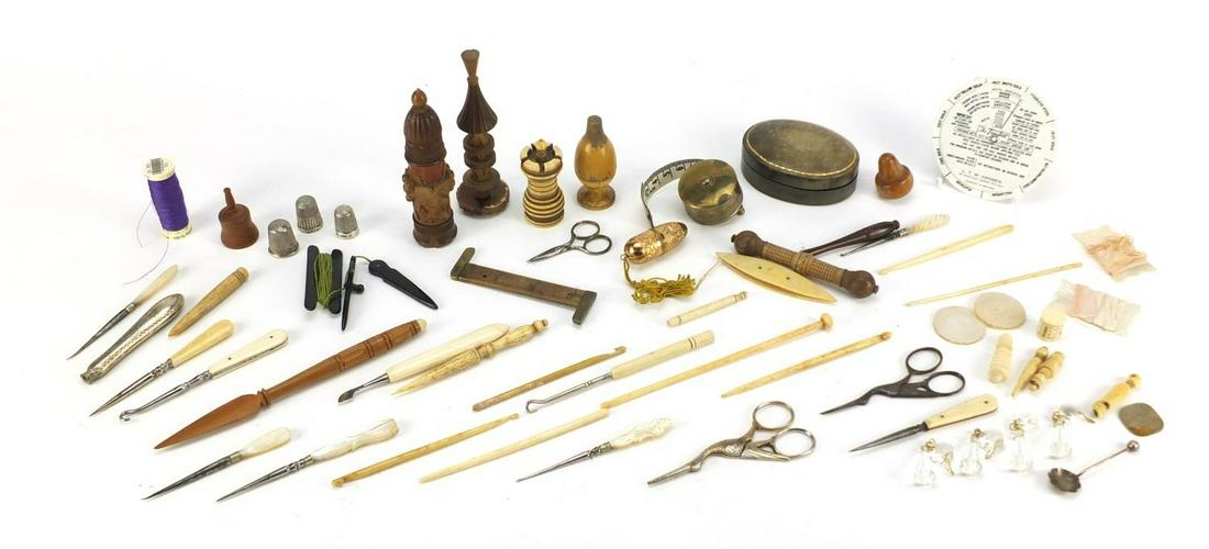 Antique and later objects including ivory whistle,: Antique and later objects including ivory whistle, silver thimble, treen needle cases, brass tape measure and bone chess piece