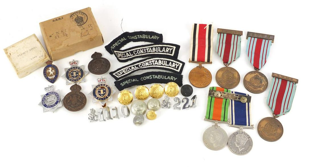 British Military World War II Police memorabilia: British Military World War II Police memorabilia including a George VI Exemplary Police Service medal awarded to CONST.LESLIEM.RIDDLE and a Faithful Service medal awarded to Edgar J Davis