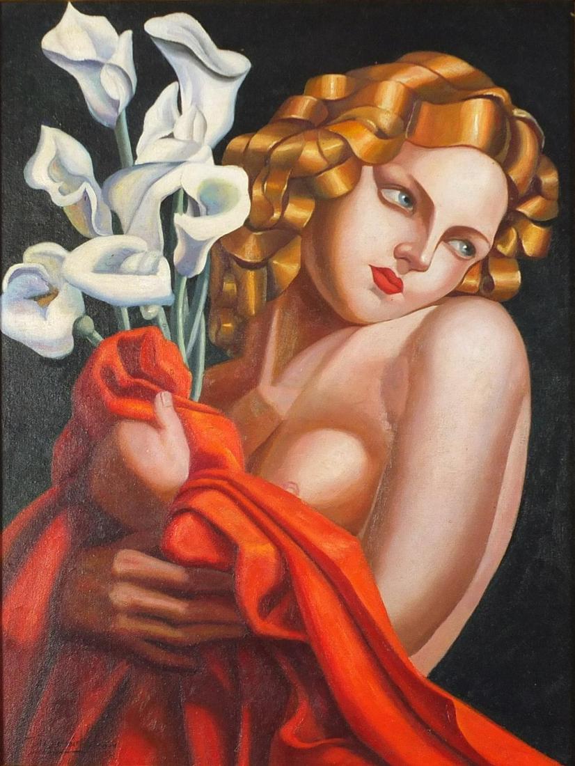Manner of Tamara de Lempicka - Scantily dressed Art: Manner of Tamara de Lempicka - Scantily dressed Art Deco female holding flowers, oil on board, framed, 60cm x 43.5cm