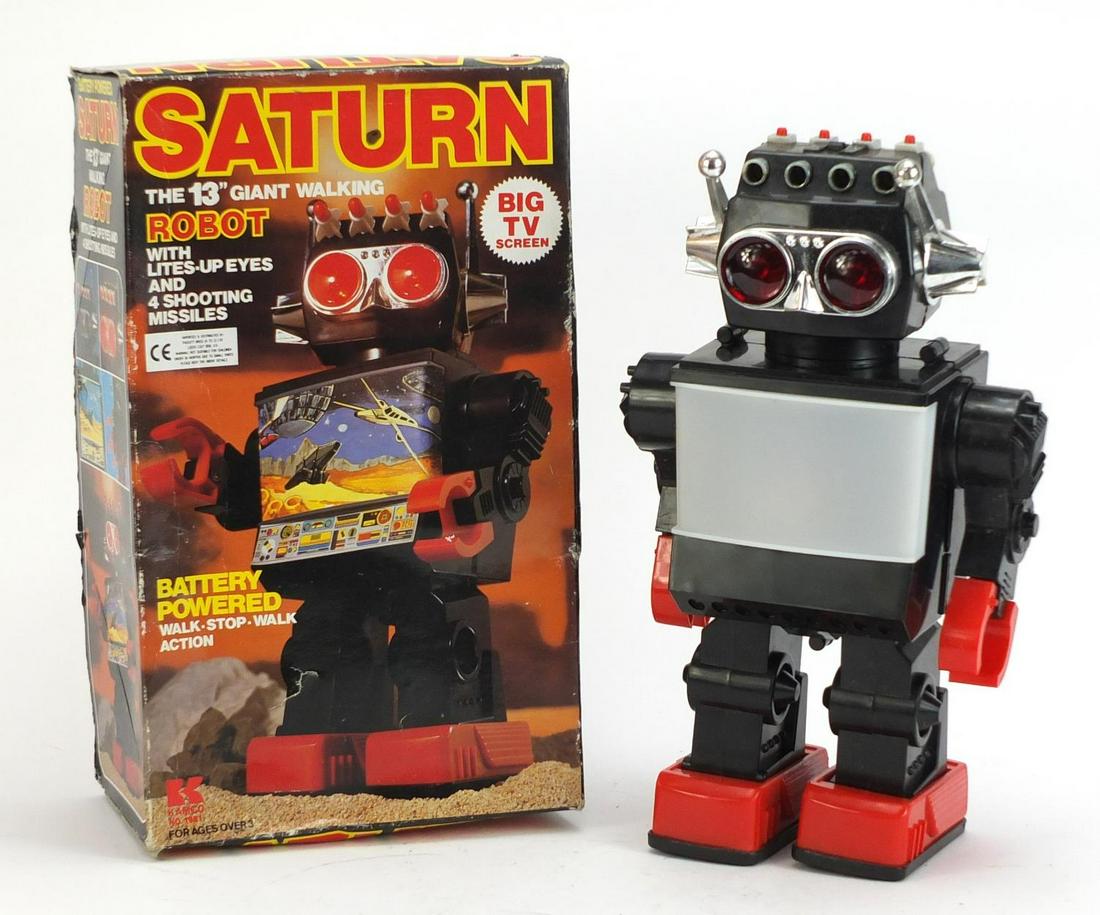 Vintage Saturn giant walking robot with box by Kamco,: Vintage Saturn giant walking robot with box by Kamco, 29.5cm high