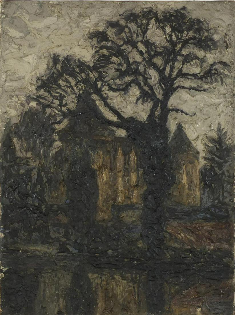 Style of John Piper - Tree study with church in the: Style of John Piper - Tree study with church in the background, Impasto oil on canvas, unframed, 73.5cm x 54.5cm