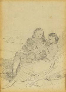 John Absolon RI - Courting couple, pencil on paper,: John Absolon RI - Courting couple, pencil on paper, label verso, mounted and framed, 9cm x 6cm