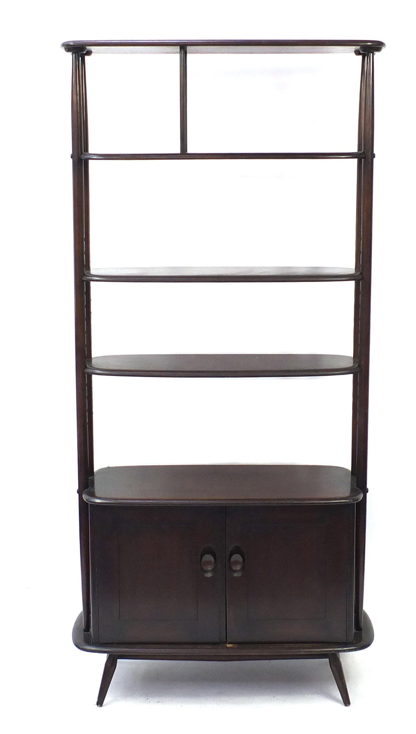 Ercol elm room divider with two adjustable shelves: Ercol elm room divider with two adjustable shelves above cupboard base, 191cm H x 91cm W x 41cm D