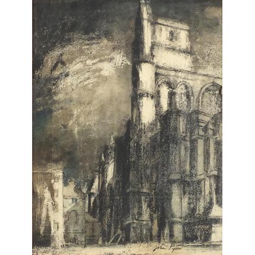 Attributed to John Piper - Cathedral, monochrome mixed: Attributed to John Piper - Cathedral, monochrome mixed media, mounted, framed and glazed, 25cm x 18.5cm