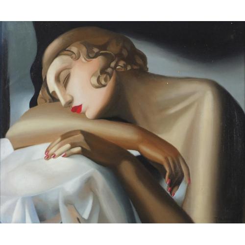 After Tamara De Lempicka - Portrait of a sleeping Art: After Tamara De Lempicka - Portrait of a sleeping Art Deco female, oil on board, framed, 60cm x 49.5cm