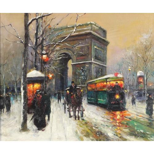Manner of Edouard Cortes - Parisian street scene, oil: Manner of Edouard Cortes - Parisian street scene, oil on board, framed, 50.5cm x 42.5cm