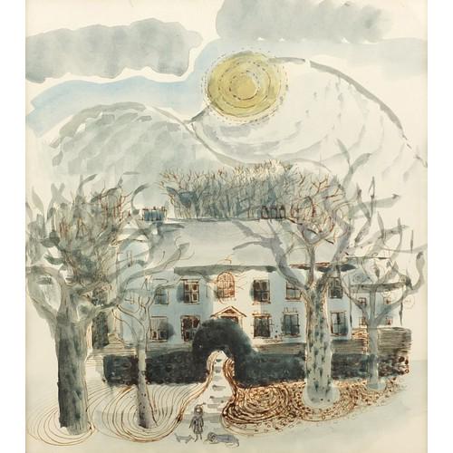 Manner of John Piper - Female before a house, surreal: Manner of John Piper - Female before a house, surreal watercolour, inscribed verso, mounted, 19cm x 16.5cm