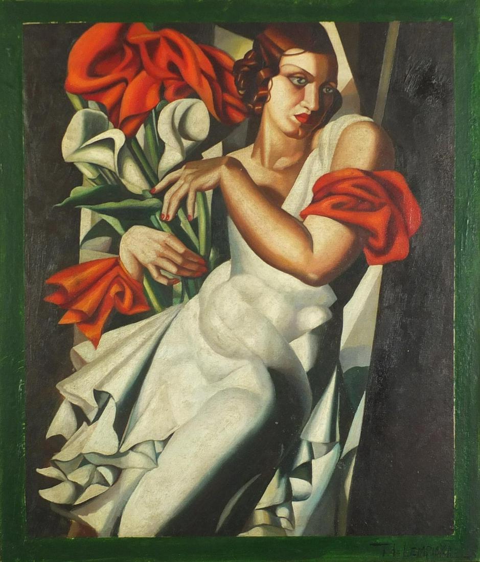 Manner of Tamara de Lempicka - Art Deco female, oil on: Manner of Tamara de Lempicka - Art Deco female, oil on canvas laid on board, framed, 68cm x 60cm