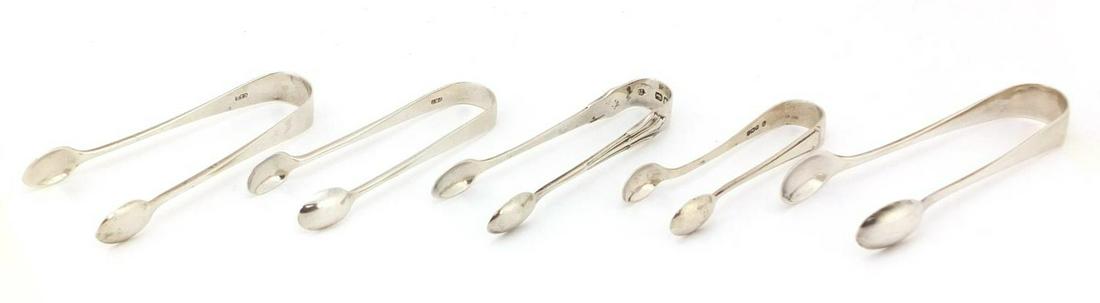 Five pairs of Victorian and later silver sugar tongs,: Five pairs of Victorian and later silver sugar tongs, including a pair by Charles Stuart Harris, London 1891, the largest 10.5cm in length, 84.8g