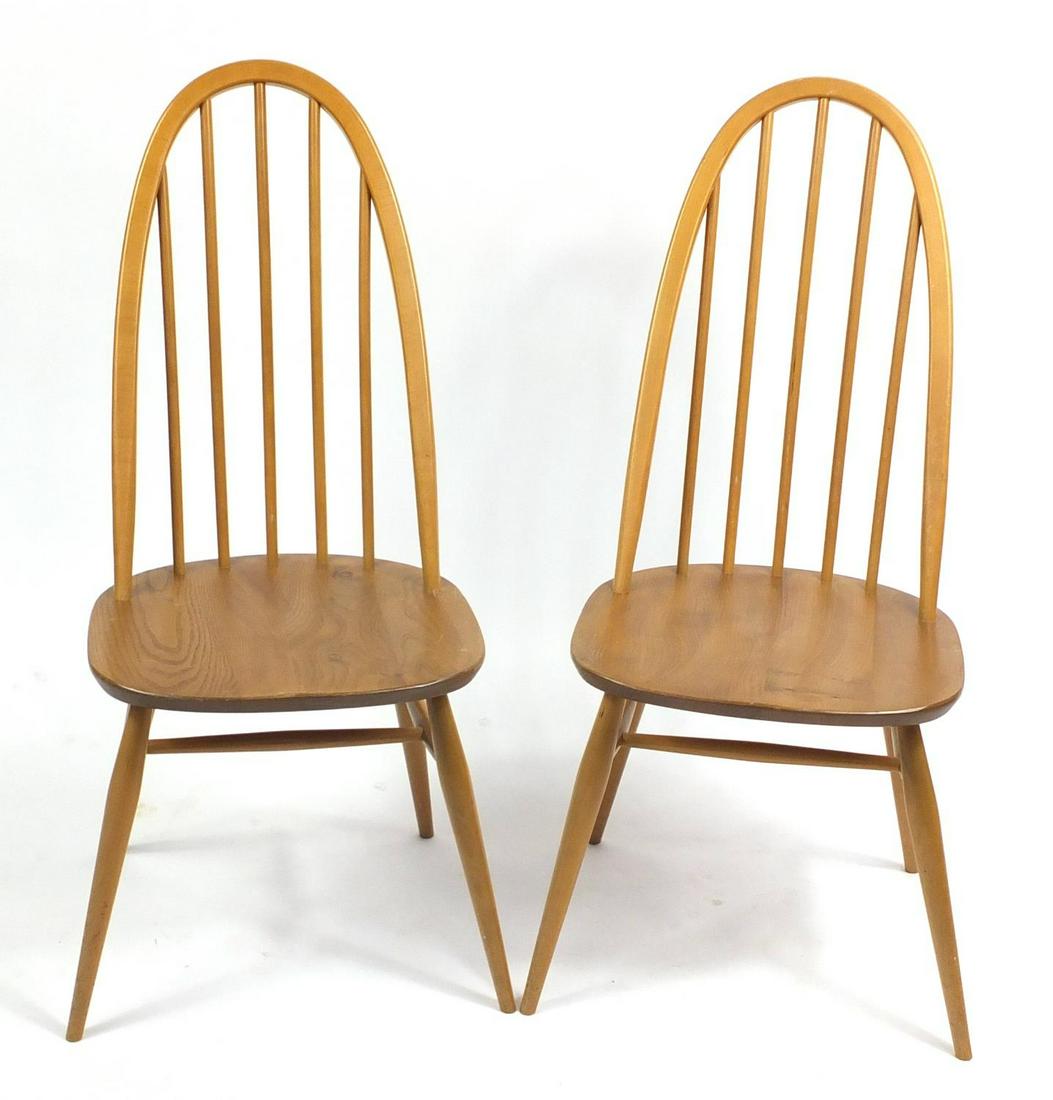 Pair of Ercol light elm stick back chairs, 96cm high: Pair of Ercol light elm stick back chairs, 96cm high