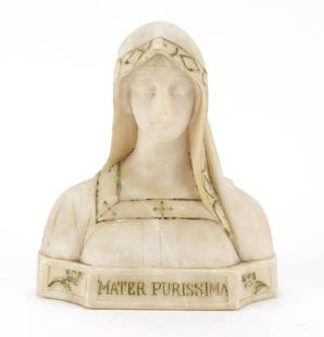 Attilio Fagioli, Italian Art Deco carved alabaster bust: Attilio Fagioli, Italian Art Deco carved alabaster bust titled Mater Purisima, signed to the reverse, 20cm high