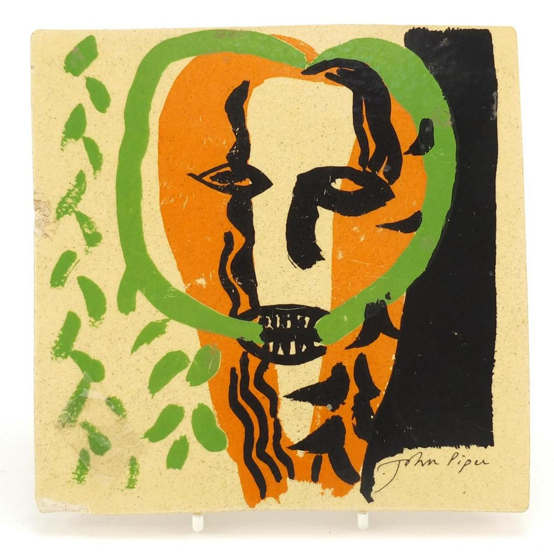 John Piper for Fulham Pottery, ceramic commemorative: John Piper for Fulham Pottery, ceramic commemorative tile hand painted with an abstract face, made exclusively for the Tate gallery, impressed Fulham Pottery to the reverse, 16cm x 16cm
