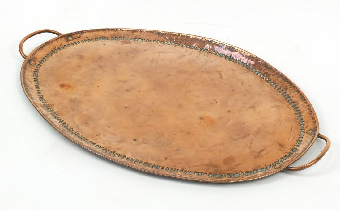 John Pearson, Arts & Crafts oval copper tray with twin: John Pearson, Arts & Crafts oval copper tray with twin handles, impressed marks to the reverse, 56.5cm wide
