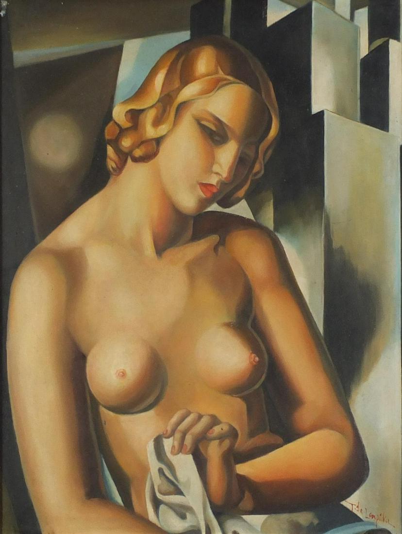 Manner of Tamara de Lempicka - Portrait of a nude Art: Manner of Tamara de Lempicka - Portrait of a nude Art Deco female, oil on board, mounted and framed, 49.5cm x 39.5cm excluding the mount and frame