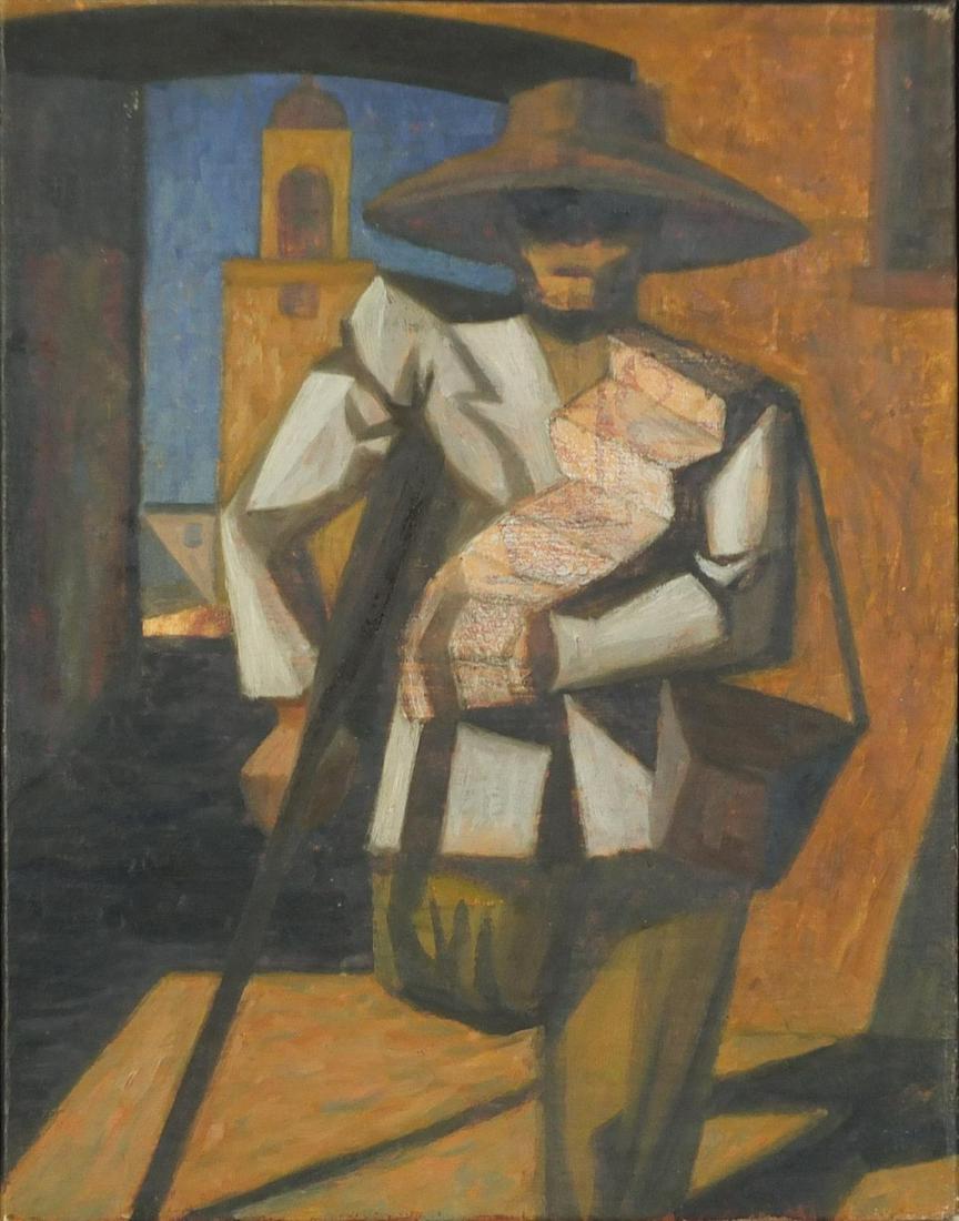 Jonathan Adams - Abstract composition, figure wearing a: Jonathan Adams - Abstract composition, figure wearing a sombrero, oil on canvas laid on board, framed 44.5cm x 34.5cm excluding the frame