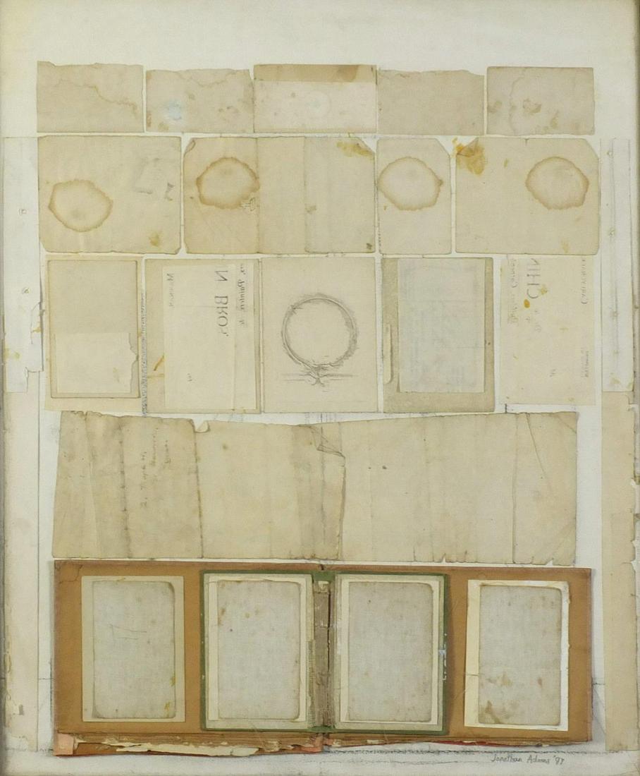 Jonathan Adams 1997 - Pale Tears, mixed media and: Jonathan Adams 1997 - Pale Tears, mixed media and collage on canvas, labels including an inscribed Royal Academy Summer Exhibition 2001 label verso, framed and glazed, 55.5cm x 45.5cm excluding the fr