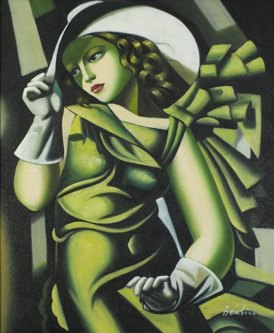 Manner of Tamara de Lempicka - Portrait of an Art Deco: Manner of Tamara de Lempicka - Portrait of an Art Deco female, oil on board, framed, 61cm x 51cm excluding the frame