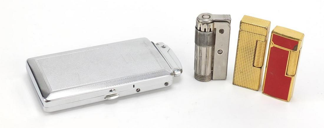 Vintage lighter cigarette case and three lighters: Vintage lighter cigarette case and three lighters including Dunhill and Cross with red enamel, the largest 12.5cm high
