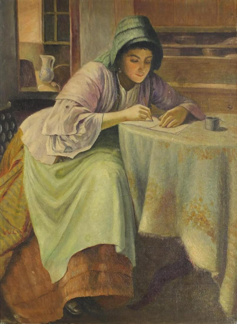 After William Langley - Female at a table, oil on: After William Langley - Female at a table, oil on board, mounted and framed, 53.5cm x 39.5cm excluding the mount and frame