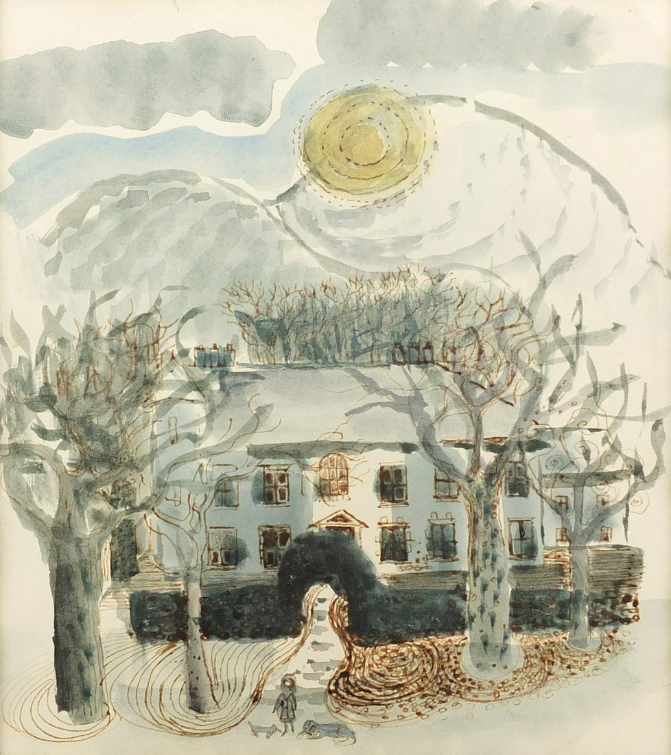 Manner of John Piper - Female before a house, surreal: Manner of John Piper - Female before a house, surreal watercolour, inscribed verso, mounted, 19cm x 16.5cm