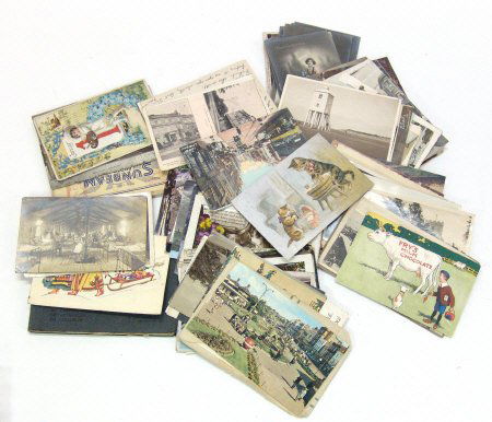 Collection of black and white and colour postcards: Collection of black and white and colour postcards, including comical views, a Frys milk chocolate advertising card, etc: NB. All items are sold as is. Please contact the auctioneer requesting a condi