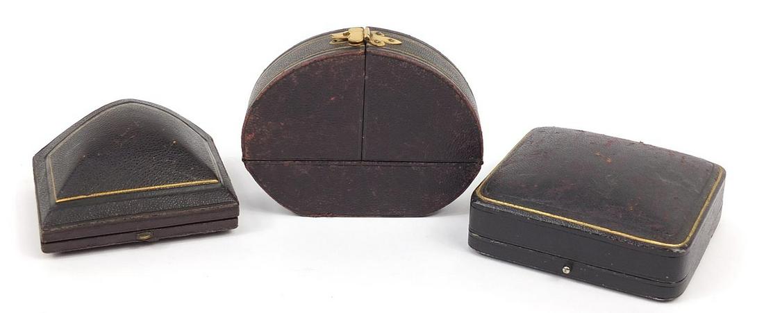Three 19th century tooled leather velvet and silk lined: Three 19th century tooled leather velvet and silk lined fitted jewellery boxes including William M Neill, the largest 10cm wide
