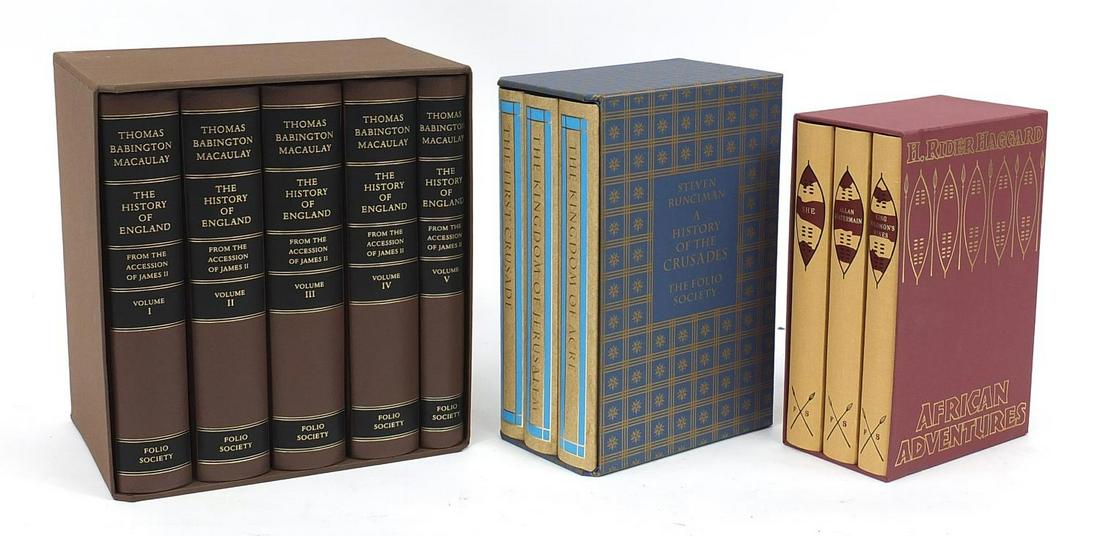 Three sets of Folio Society hardback books with slip: Three sets of Folio Society hardback books with slip cases comprising The History of England from the Accession of James II by Thomas Babbington Macauley, volumes 1-5, A History of the Crusades by Ste