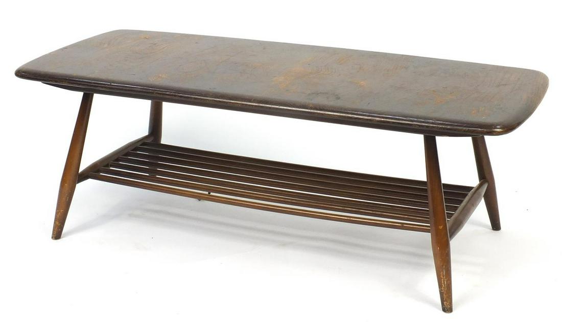Ercol elm coffee table with under tier, 36cm H x 105cm: Ercol elm coffee table with under tier, 36cm H x 105cm W x 45cm D