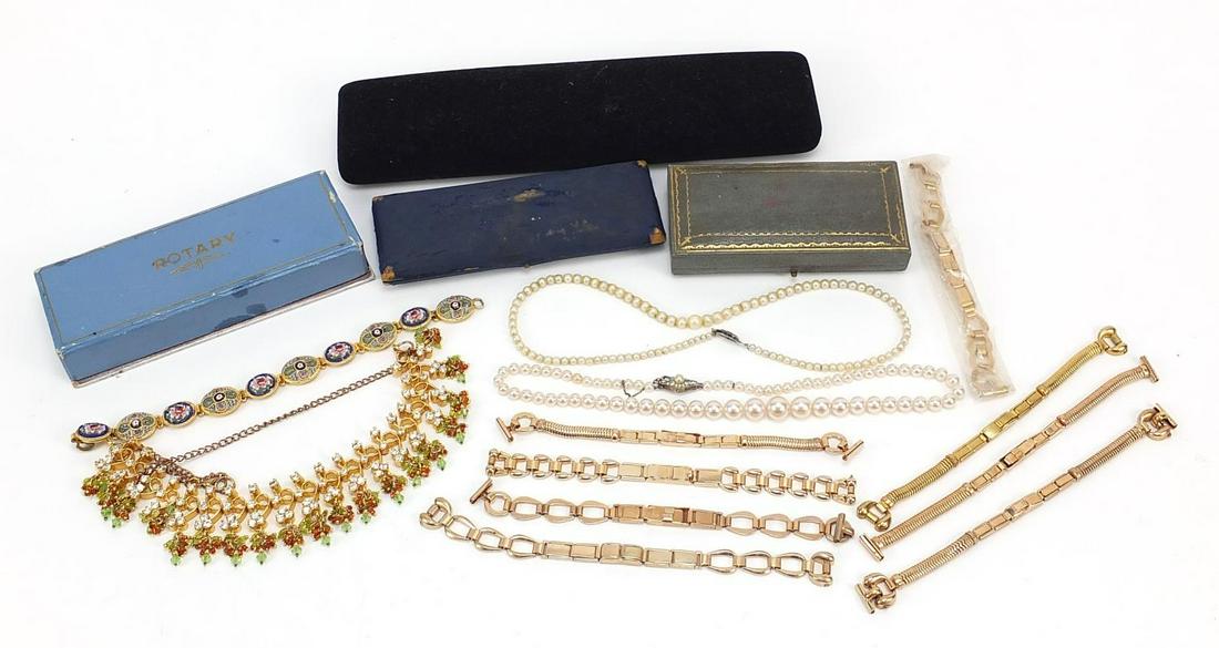 Gold coloured jewellery including colourful stone: Gold coloured jewellery including colourful stone necklace, micro mosaic bracelet, selection of gold coloured metal watch straps, Sir John Bennett tooled leather box and two simulated pearl necklaces