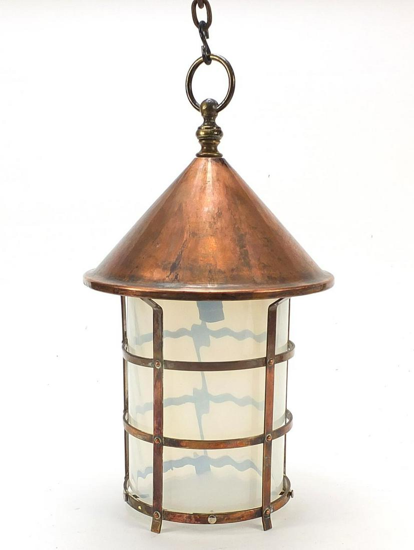 Arts & Crafts copper lantern with vaseline glass shade: Arts & Crafts copper lantern with vaseline glass shade in the manner of John Pearson, 42.5cm high
