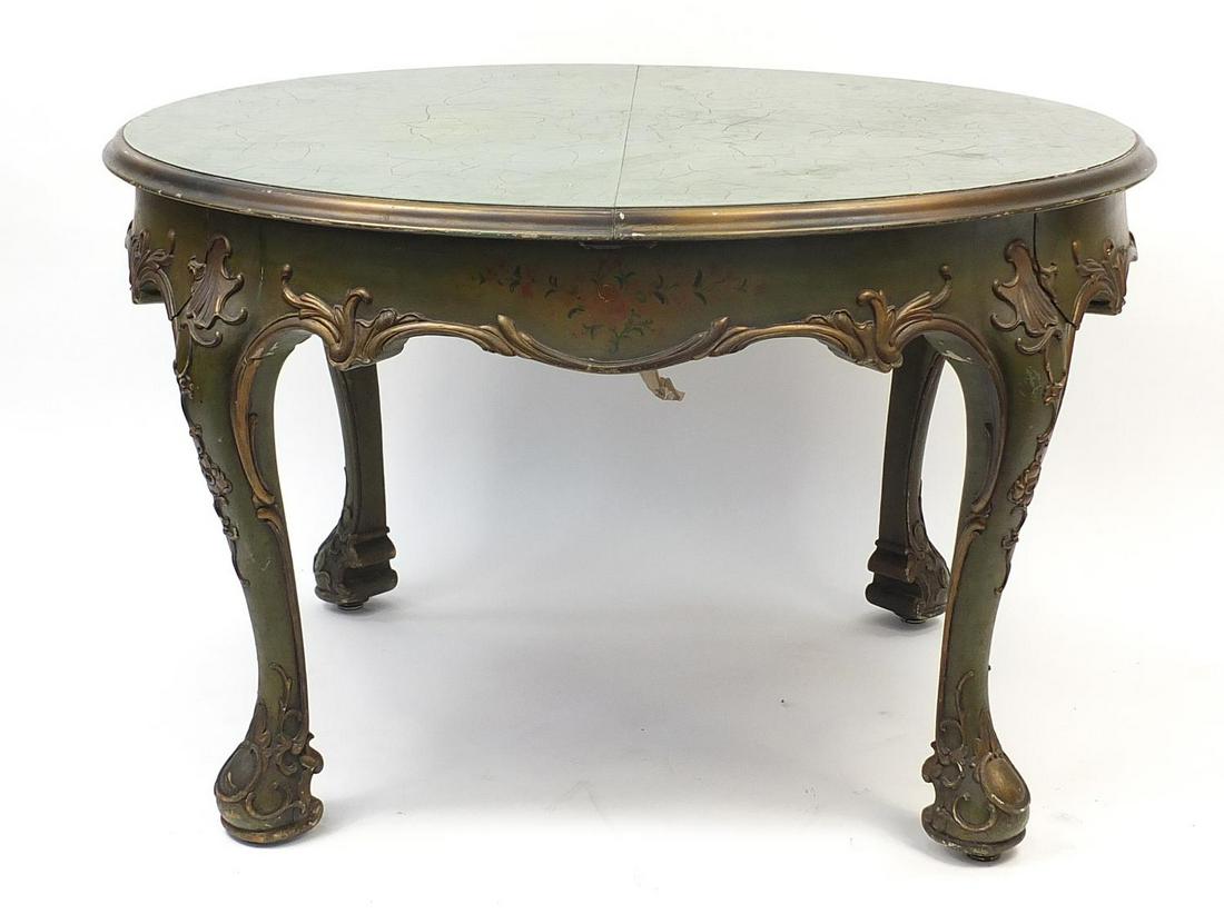 Antique French hand painted extending dining table with: Antique French hand painted extending dining table with cabriole legs and shell mouldings, 80cm high x 128cm in diameter (closed)
