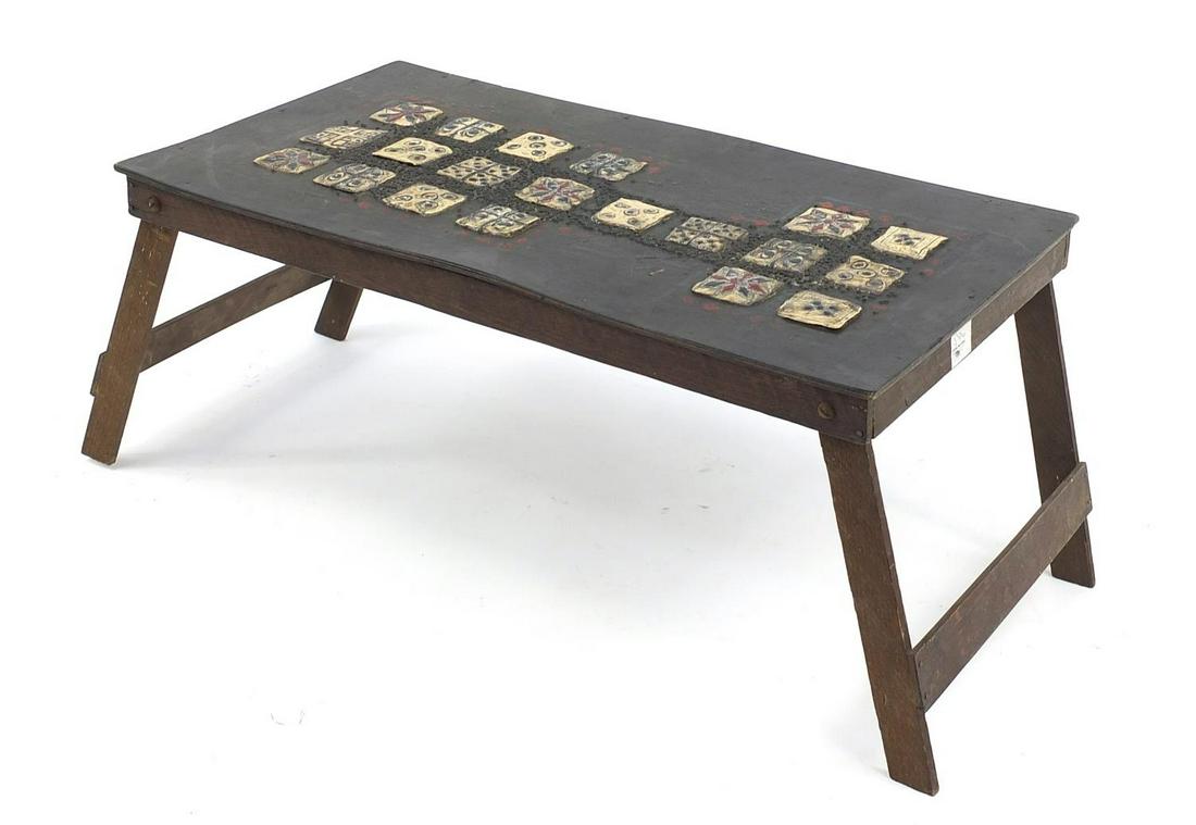 1970's hand painted abstract design folding table, 24cm: 1970's hand painted abstract design folding table, 24cm H x 52.5cm W x 28cm D when open