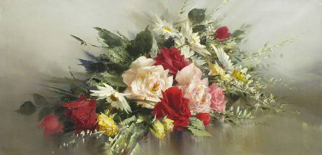 Vernon Ward - Still life flowers, oil on canvas,: Vernon Ward - Still life flowers, oil on canvas, inscribed From the garden in June and stamps verso, mounted and framed, 75cm x 37cm excluding the mount and frame; Provenance: Deceased estate