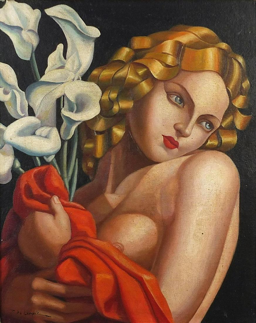 Manner of Tamara de Lempicka - Nude Art Deco female: Manner of Tamara de Lempicka - Nude Art Deco female holding flowers, Polish school oil on board, framed, 49.5cm x 39.5cm excluding the frame