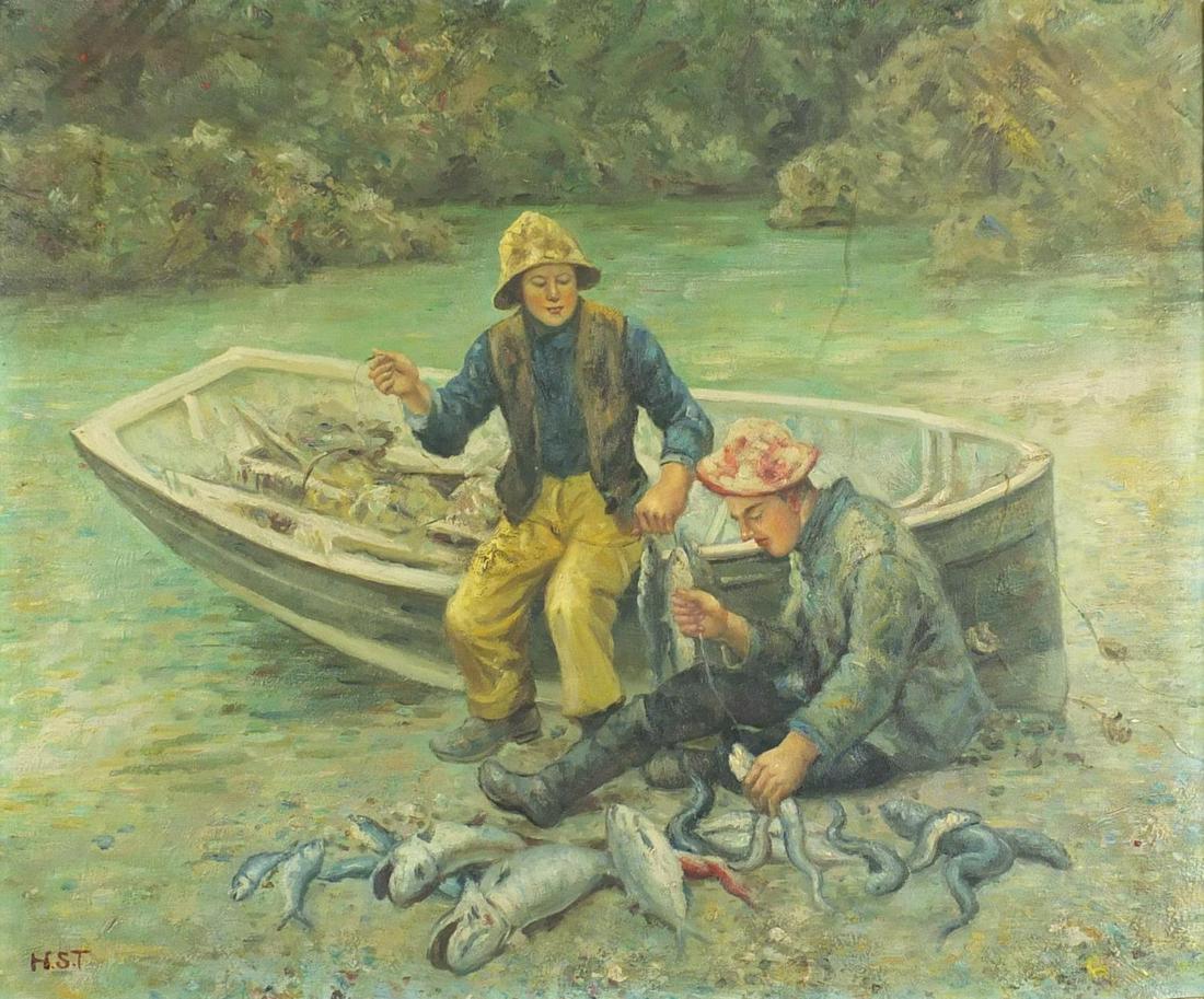 Manner of Henry Scott Tuke - Two young fishermen, St: Manner of Henry Scott Tuke - Two young fishermen, St Ives school oil on board, framed, 59.5cm x 49.5cm