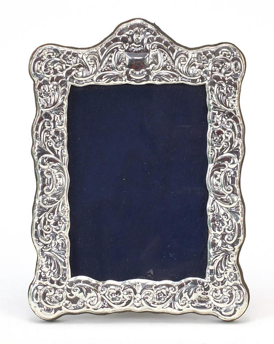 Highfield Frames, silver easel photo frame embossed: Highfield Frames, silver easel photo frame embossed with flowers, London 2019, 19.5cm high