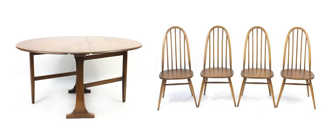 Ercol drop leaf dining table with four stick back: Ercol drop leaf dining table with four stick back chairs, the table 71cm H x 140cm W extended x 128cm D