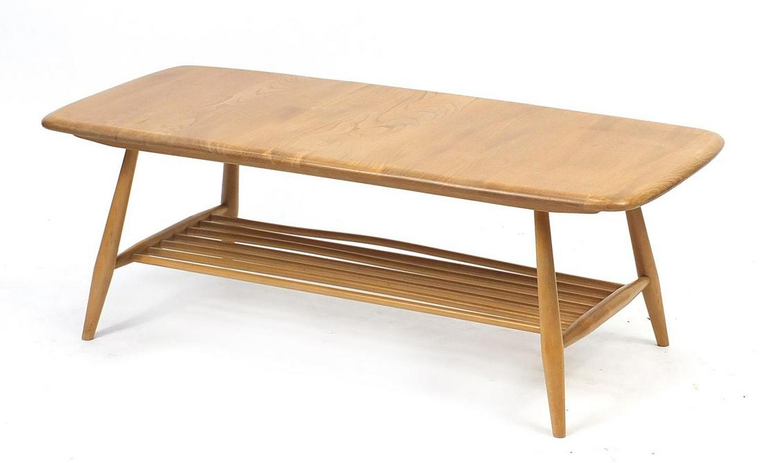 Ercol light elm Windsor coffee table, 37cm H x 104.5cm: Ercol light elm Windsor coffee table, 37cm H x 104.5cm W x 46cm D