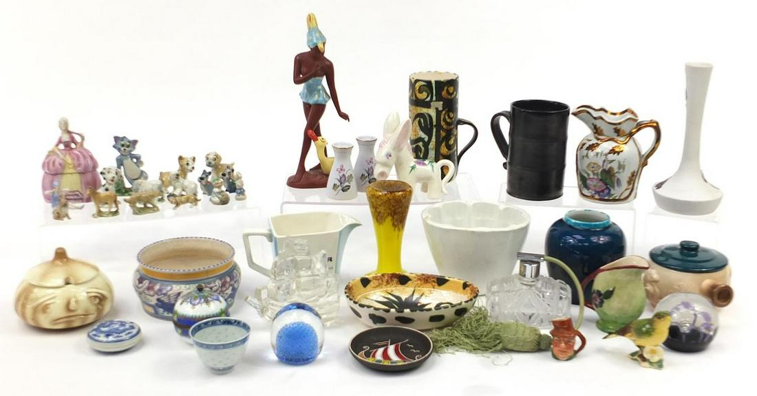 Collectable china and glassware including a Bernard: Collectable china and glassware including a Bernard Moore vase, Celtic pottery, West German figurine, Poole Carter, Sadler & Adams, Art Deco atomiser, paperweights, Wade Whimsies and Beswick greenfinc