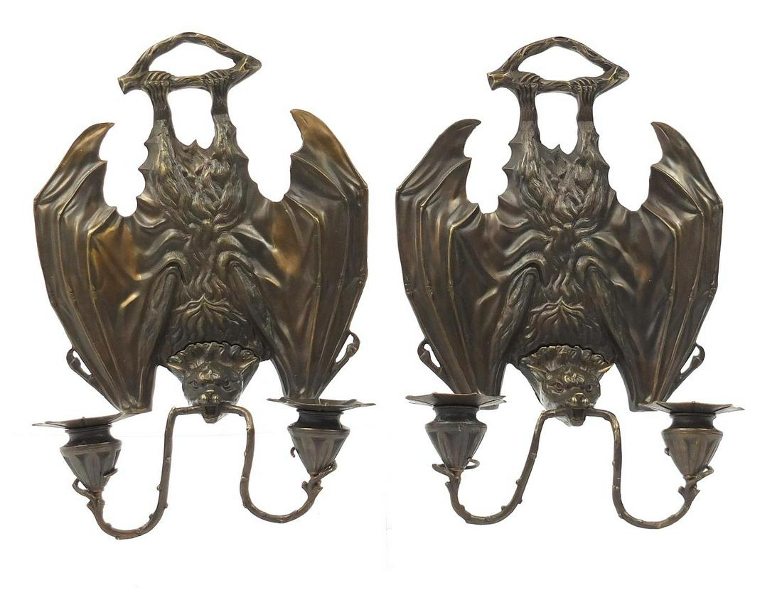 Pair of Art Nouveau design patinated bronze two branch: Pair of Art Nouveau design patinated bronze two branch bat design wall sconces, each 36cm high