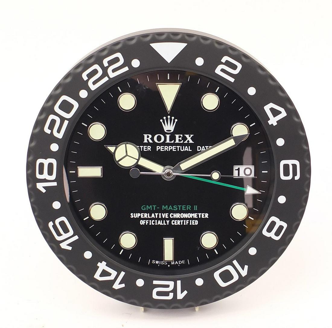 Rolex GMT Master II design dealer's display wall clock,: Rolex GMT Master II design dealer's display wall clock, 34cm in diameter