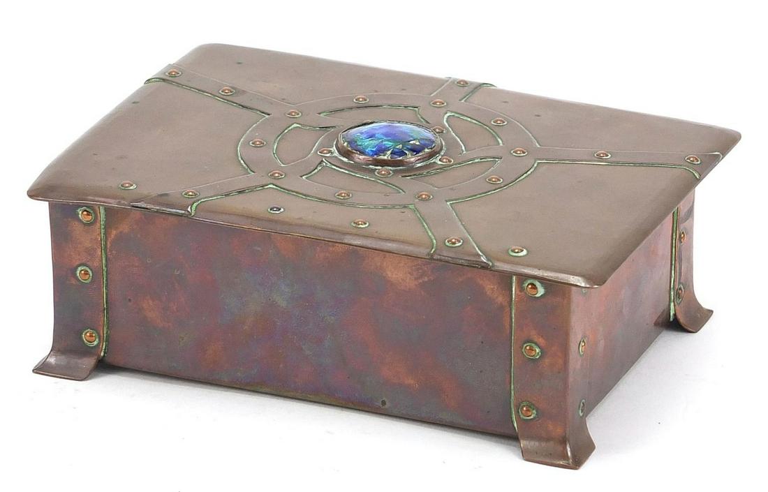 Manner of John Pearson, Arts & Crafts copper casket: Manner of John Pearson, Arts & Crafts copper casket with inset enamel roundel, 5cm H x 15.5cm W x 11cm D
