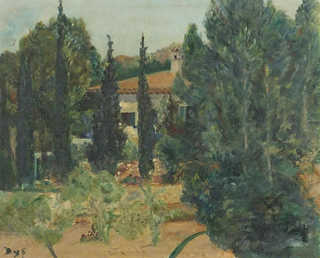Manner of Marcel Dyf - Villa garden scene, Continental: Manner of Marcel Dyf - Villa garden scene, Continental school oil on canvas, mounted and framed, 39.5cm x 32cm excluding the mount and frame