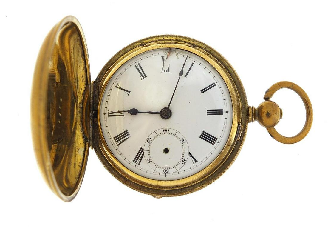 Antique gentlemen's gold plated full hun...: Antique gentlemen's gold plated full hunter pocket watch with enamel dial and compass to the dust cover, 56mm in diameter