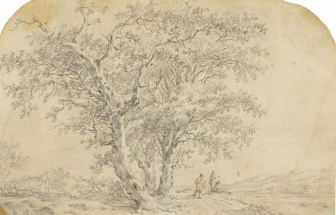 After John Constable - Figures beneath a...: After John Constable - Figures beneath a tree, 18th century pencil drawing, mounted, framed and glazed, 21cm x 14cm excluding the mount and frame