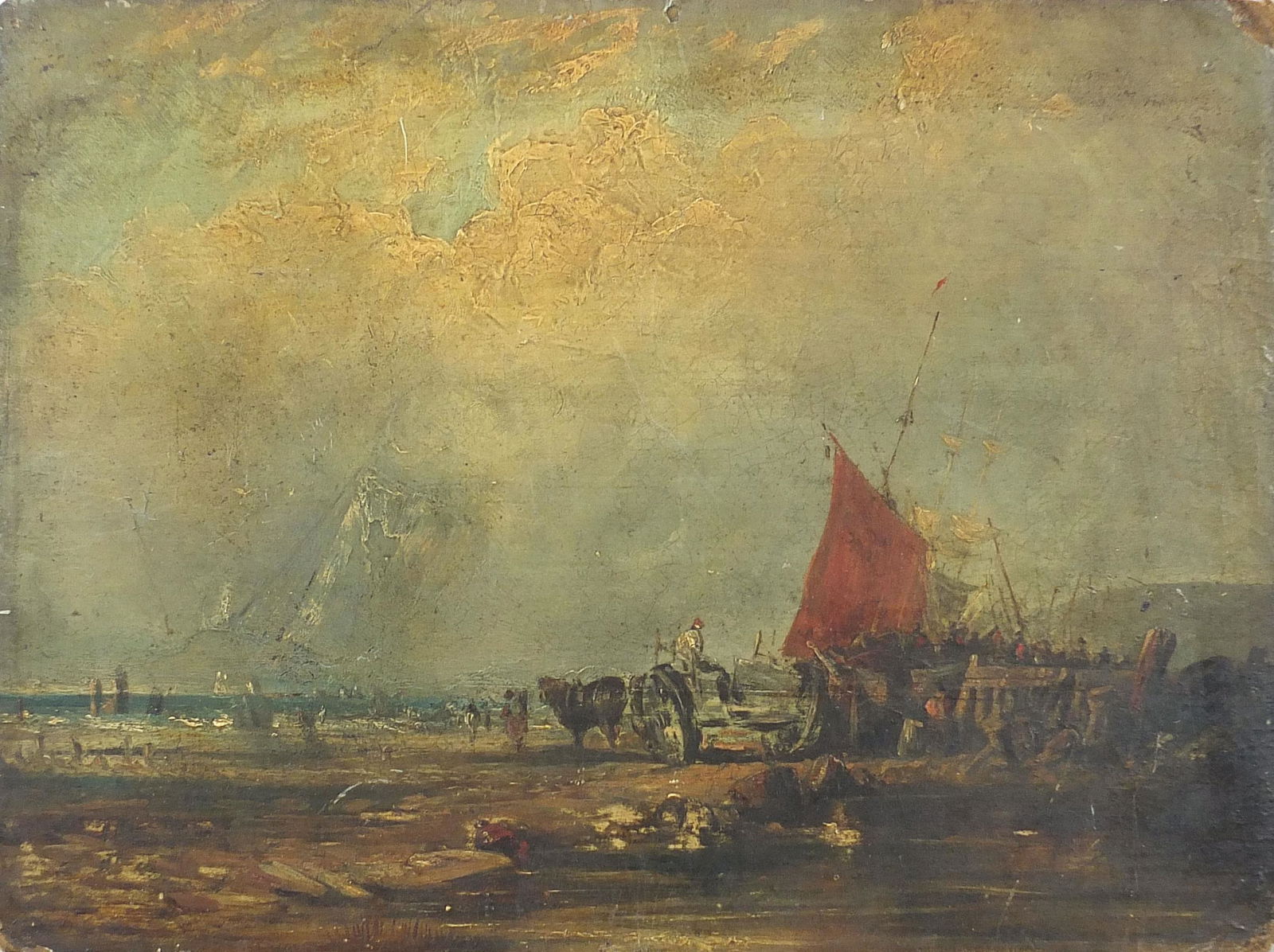 Manner of John Constable - Figures and ships on a: Manner of John Constable - Figures and ships on a beach, oil on board, Winsor & Newton label verso, unframed, 40.5cm x 30.5cm