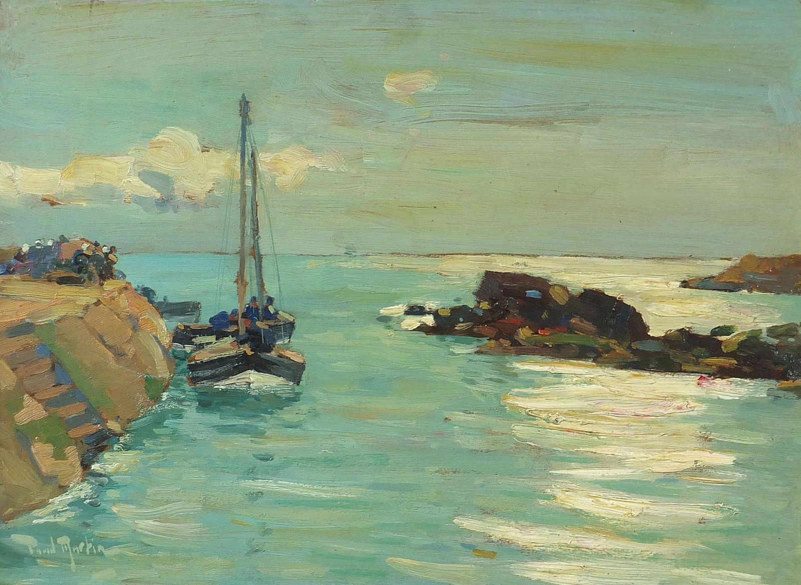 David Martin - East coast fishing boats, oil, applied: David Martin - East coast fishing boats, oil, applied plaque to the frame, mounted, framed and glazed, 31.5cm x 23cm excluding the mount and frame