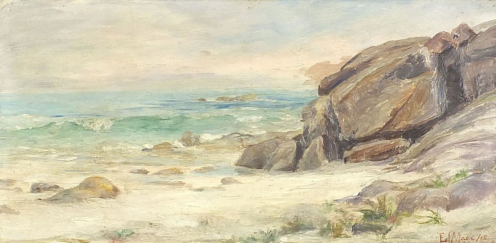 Edward Clark Churchill Mace - Coastal scene, oil on: Edward Clark Churchill Mace - Coastal scene, oil on board, South African Society of Artists label verso, framed, 44.5cm x 21.5cm excluding the frame