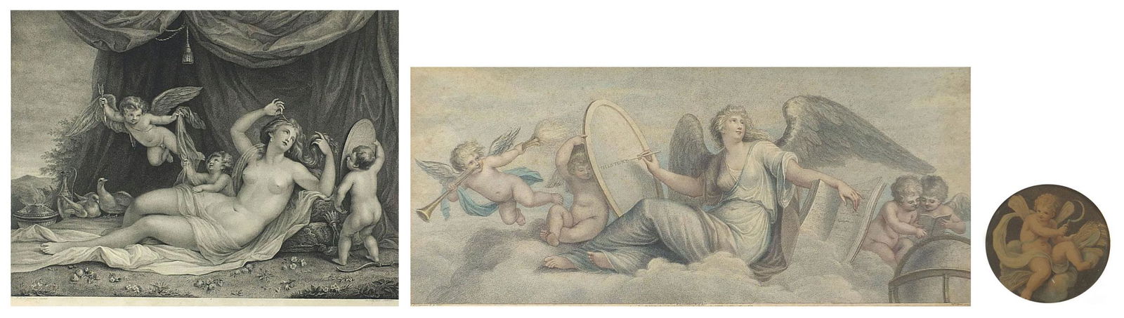 Three classical engravings of angels and Putti: Three classical engravings of angels and Putti including one by Francesco Bartolozzi, framed and glazed, two mounted, the largest 45.5cm x 38.5cm excluding the frame